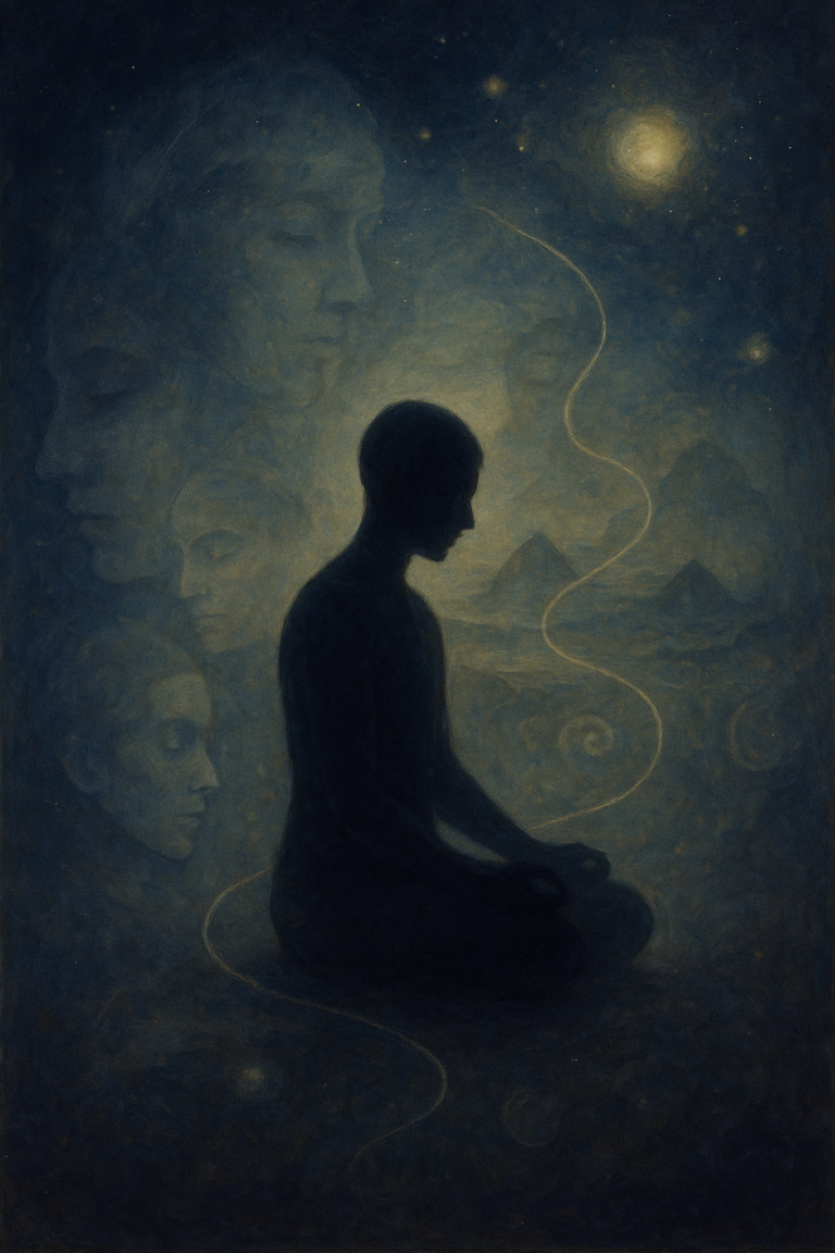 Silhueta de uma pessoa a meditar, rodeada por rostos etéreos e um céu estrelado Silhueta de uma pessoa a meditar, rodeada por rostos etéreos e um céu estrelado onírico